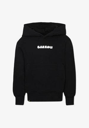 Felpa nera con cappuccio realizzata in tessuto morbido, dotata di una tasca a marsupio frontale e di un logo "BARROW" stampato in un carattere giocoso sul petto.
