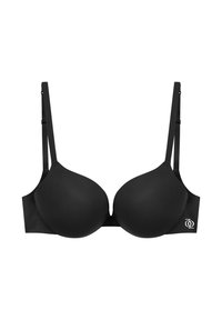 Black molded cup bra with adjustable straps, seamless design, and logo accent on the side. Made of smooth fabric with a structured shape.