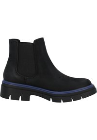 Botas Chelsea negras con paneles laterales elásticos, con un empeine texturizado, suela gruesa y un acento azul alrededor de la suela.