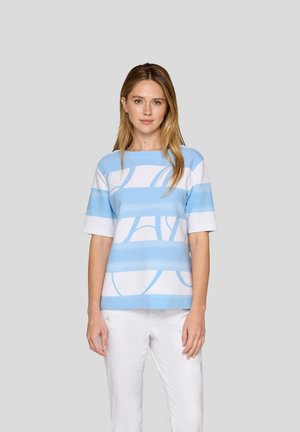 Short-sleeve top with light blue and white horizontal stripes and abstract design. Made of a soft material with a relaxed fit.