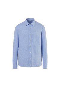 Camicia a maniche lunghe in lino azzurro chiaro con colletto classico, chiusura con bottoni e una finitura testurizzata con un delicato motivo a trama.
