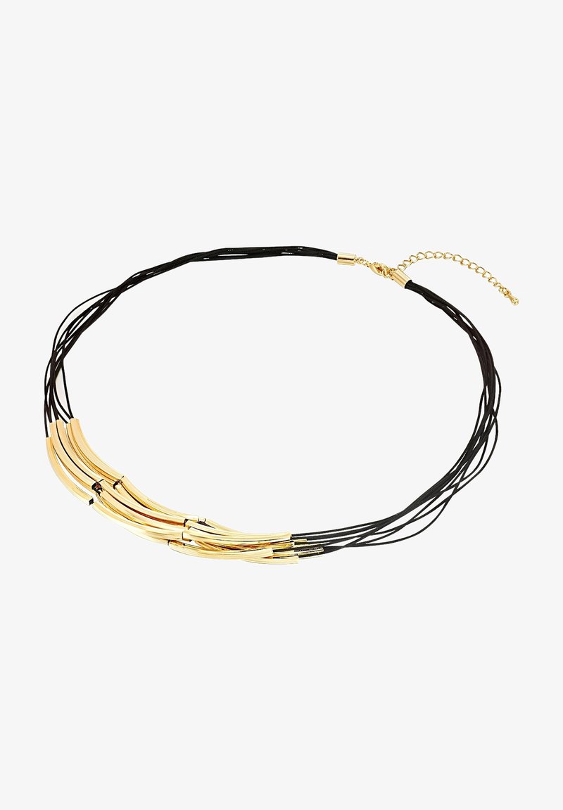 Musthave mustrandi kaelakee musta värviga, millel on kumerad kuldset tooni metallaktsendid, kinnitatud klambri ja reguleeritava ahelaga pikkuse kohandamiseks.