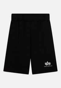 Black athletic shorts made of cotton blend, featuring an elastic waistband, side pleats, and a white logo on the lower left.