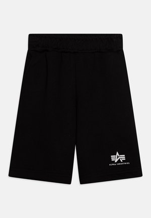 Czarne spodenki sportowe z mieszanki bawełny, z elastycznym pasem, bocznymi zaszewkami i białym logo na dolnej lewej stronie.