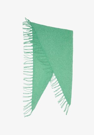 Groene driehoekige sjaal van gestructureerde stof met franjeranden, voorzien van een zachte, glanzende afwerking.