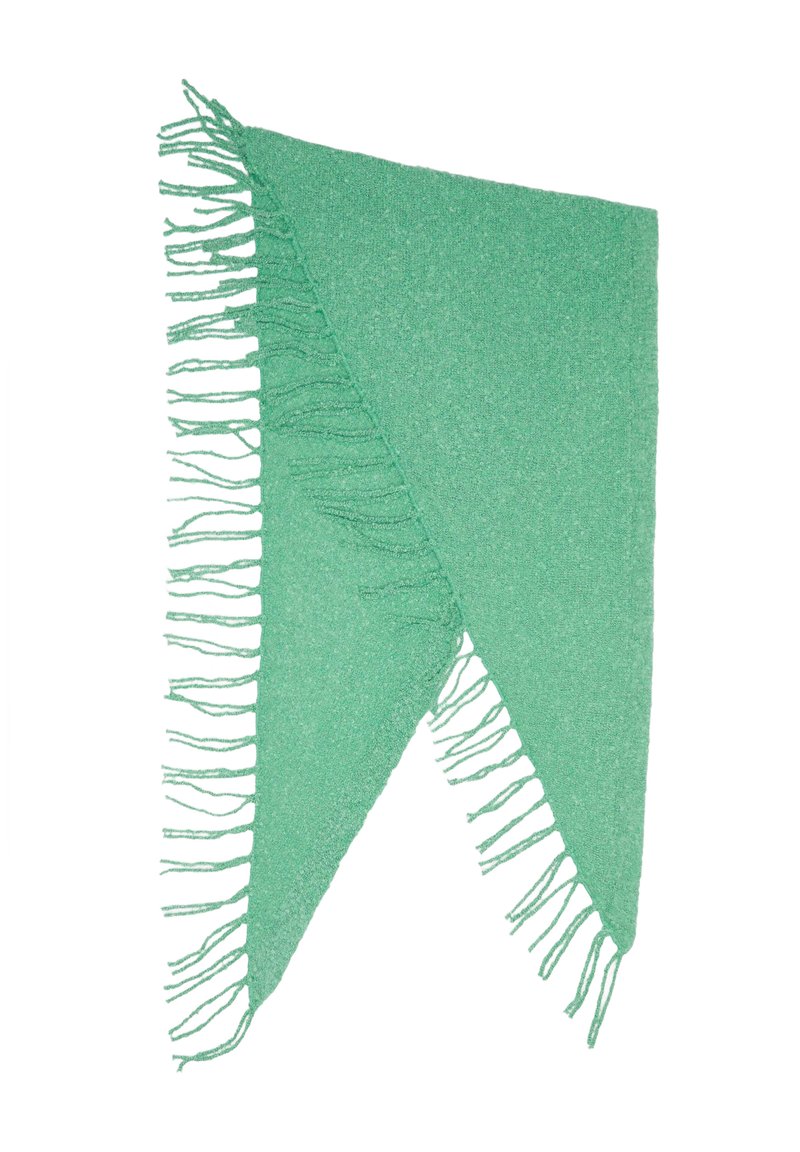 Groene driehoekige sjaal van gestructureerde stof met franjeranden, voorzien van een zachte, glanzende afwerking.