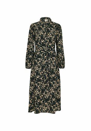 Vestido de manga larga con un patrón floral en negro y beige, cierre frontal con botones, cuello, cintura ceñida y una longitud midi fluida.