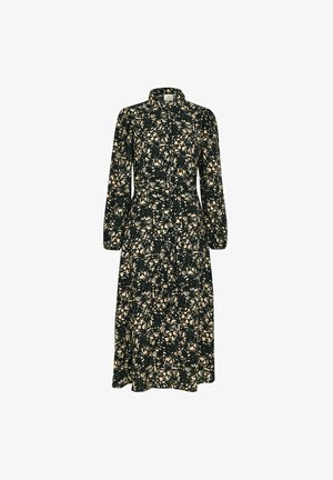 Vestido de manga larga con un patrón floral en negro y beige, cierre frontal con botones, cuello, cintura ceñida y una longitud midi fluida.