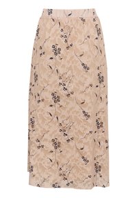Beige midi szoknya virágmintával. Könnyű anyagból készült, laza szabású, rugalmas derékkal és oldalsó hasítékokkal rendelkezik.