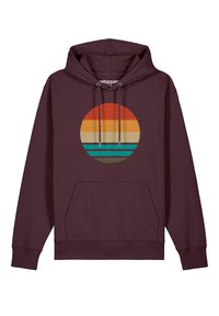 Bordeauxfarbener Hoodie mit einer Fronttasche und Kordeln. Verfügt über ein kreisförmiges grafisches Design mit horizontalen Streifen in Orange, Gelb, Türkis und Braun.
