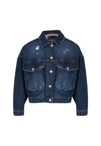 Donkerblauwe denimjas met een cropped ontwerp, voorzien van versleten accenten, twee voorzakken en een knoopsluiting.