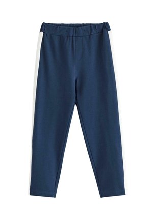 Marineblå leggings med elastisk talje og hvide lodrette striber langs ydersiderne på en ensfarvet baggrund.