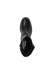 Bottines noires en cuir avec fermeture éclair, bout rond et doublure intérieure douce. Détails de couture visibles autour de la cheville.