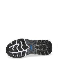 Zwarte rubberen buitenzool met gestructureerde looppatronen, grijze middenzool en blauwe merkaccent. Ontworpen voor grip en stabiliteit.