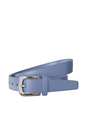 Coiled light blue leather belt with silver rectangular buckle and matching loop on white background.
