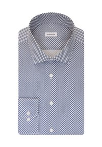 Overhemd met knopen in een gestructureerde stof, met een blauw-wit geometrisch hexagonpatroon. Inclusief een spreadkraag en dubbele manchet.