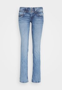 Ljusblå denimjeans med bootcut-design, har en tvåknapps midja, framfickor och subtil blekning längs benen.