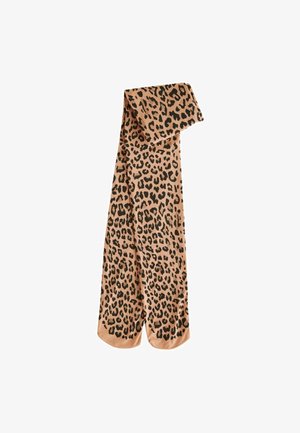 Šátek s leopardím vzorem v béžové a černé barvě, vyrobený z měkké tkaniny, s obdélníkovým tvarem a hladkým povrchem s zaoblenými konci.