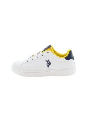 Vita lädersneakers med rund tå, gul mesh-foder, marinblå hälflik och broderad logotyp på sidan. Snörning.