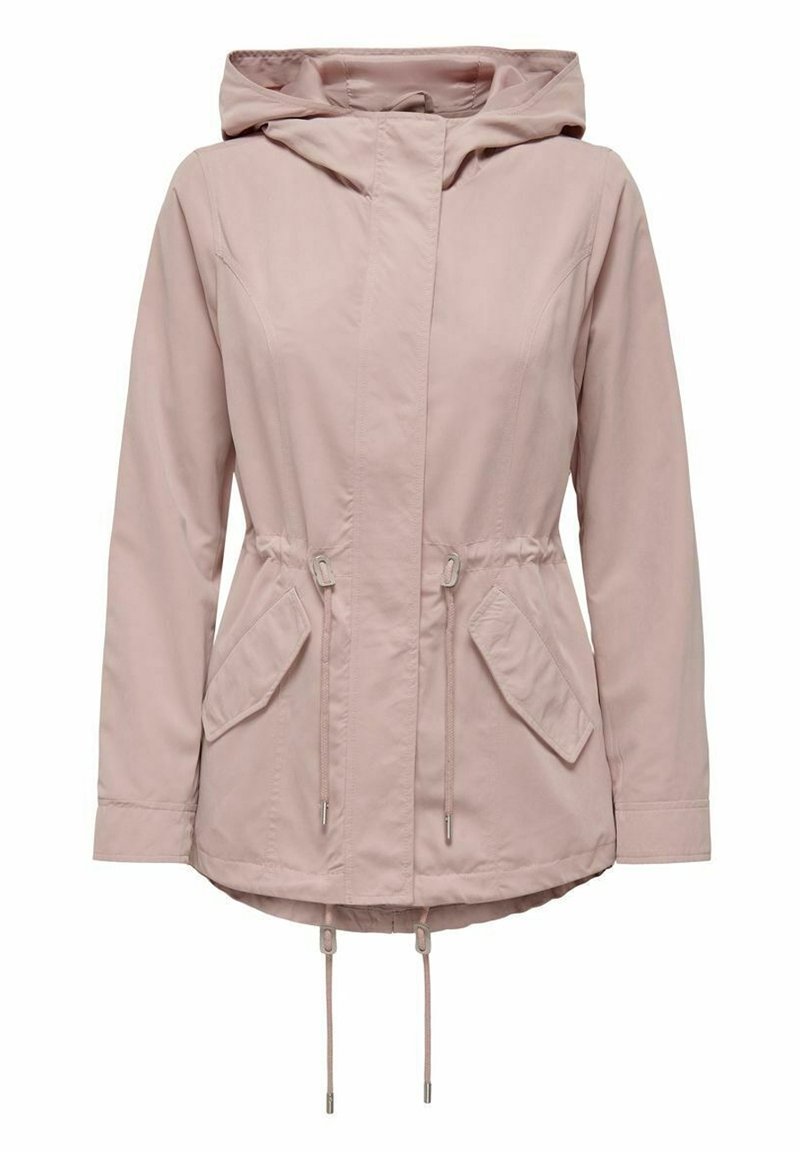 Lichtroze hooded jas van gladde stof, met elastische trekkoorden in de taille, twee voorzakken en een comfortabele pasvorm.