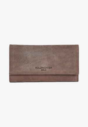 Brown leather wallet with a smooth texture, featuring a fold-over design and embossed logo "HOLZRICHTER BERLIN" on the front.