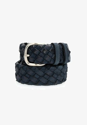 Cintura in pelle blu scuro intrecciata con una fibbia metallica argentata e una finitura liscia e strutturata. Il design include dettagli di intreccio intricati.