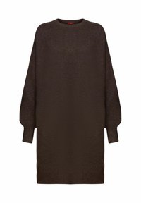 Robe pull tricotée à manches longues de couleur brun foncé avec un col rond et une coupe décontractée, présentée sur un fond blanc uni.