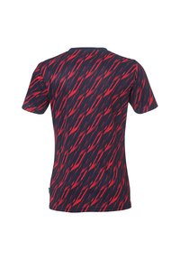 Kortærmet t-shirt i marineblå med et rødt zigzag-mønster. Den er lavet af letvægtsstof, har en rund hals og en normal pasform.