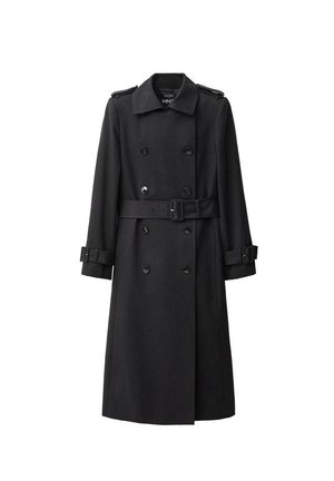 Trench-coat noir croisé avec large col, ceinture à la taille, poignets boutonnés et épaulettes.