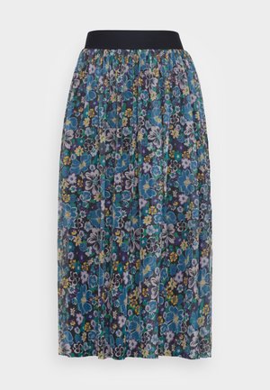Floral midi skirt featuring a dark blue background with colorful flowers, elastic waistband, and pleated design for added texture.