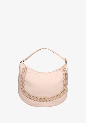 Sac à main en cuir beige clair avec poignée tressée, garniture en chaîne dorée et petit logo doré au centre avant.