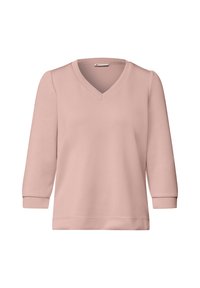 Helles rosa V-Ausschnitt-Pullover mit Dreiviertelärmeln, aus weichem Stoff und entspannter Passform. Einfaches, einfarbiges Design ohne Muster oder Akzente.
