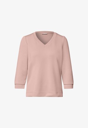 Ljust rosa V-ringad tröja med trekvartsärmar, mjukt material och avslappnad passform. Enkel, enfärgad design utan mönster eller accenter.