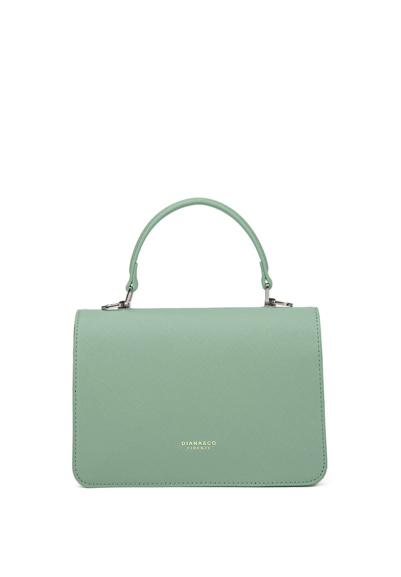 Mintgroene leren handtas met een gestructureerd ontwerp, rechthoekige vorm, een bovenhandvat en een gouden logo-detail aan de voorkant.