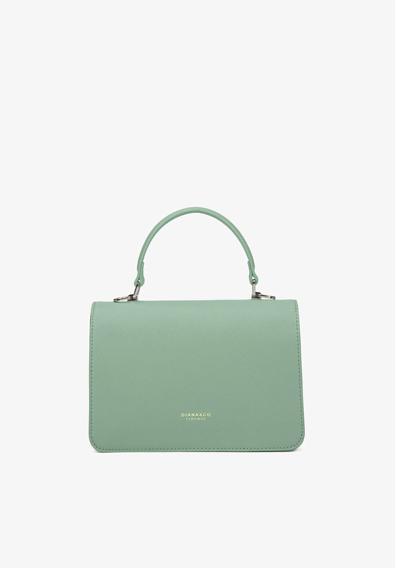 Mintgroene leren handtas met een gestructureerd ontwerp, rechthoekige vorm, een bovenhandvat en een gouden logo-detail aan de voorkant.
