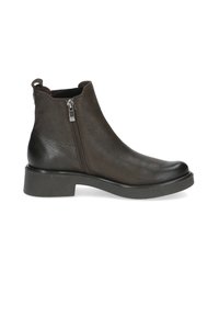 Botas de tobillo de cuero marrón con un acabado texturizado, cremallera lateral y suela negra gruesa. Presentan una punta redondeada y un tacón bajo.