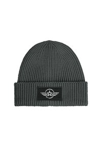 Gray knitted beanie hat with a ribbed texture, featuring a black fabric patch with a star and wing design on the front.
