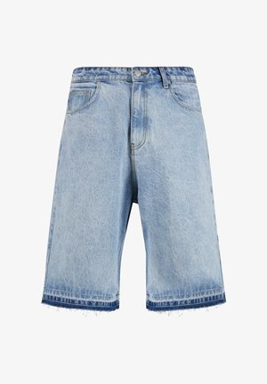 Svetlo modri jeans kratki hlač s frayed robom, z značilno pet-pocket zasnovo in sprednjim zapenjanjem na gumb. Rahlo bledena pranja.