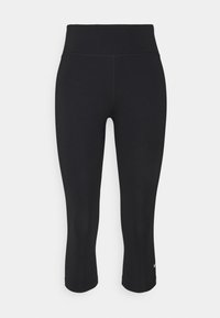 Zwarte high-waist cropped leggings met een klein wit logo nabij de zoom, tegen een effen witte achtergrond.