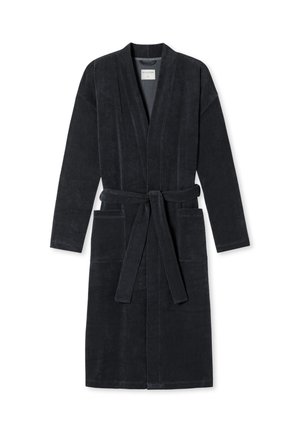 Dunkelgrauer Frottee-Bademantel mit Wickeldesign, langen Ärmeln, zwei Vordertaschen und einem passenden Gürtel in der Taille.