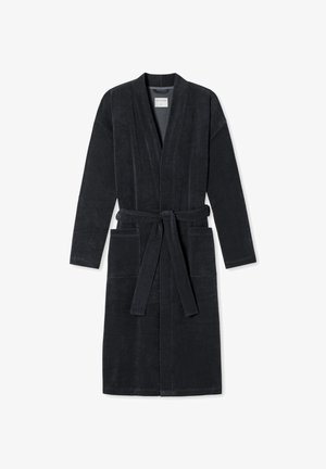 Dunkelgrauer Frottee-Bademantel mit Wickeldesign, langen Ärmeln, zwei Vordertaschen und einem passenden Gürtel in der Taille.