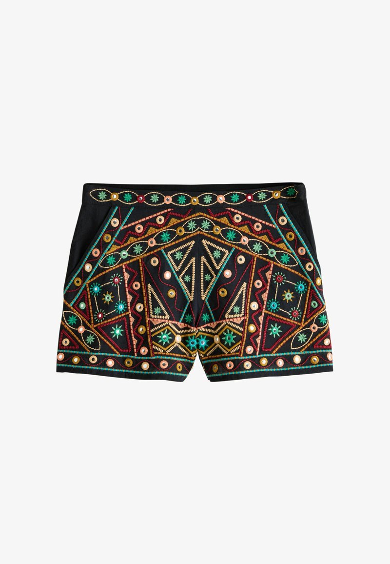 Shorts noirs avec broderie géométrique colorée en vert, rouge, jaune et bleu, présentant des motifs symétriques et des accents circulaires.