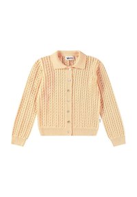 Persikofärgad stickad cardigan med ribbad krage, knappslå och strukturerat flätmönster. Långa ärmar med ribbade manchetter.