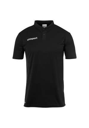 Zwarte polo gemaakt van gladde stof, met een knoopsluiting bij de kraag, korte mouwen en een wit "uhlsport" logo op de linkerborst.