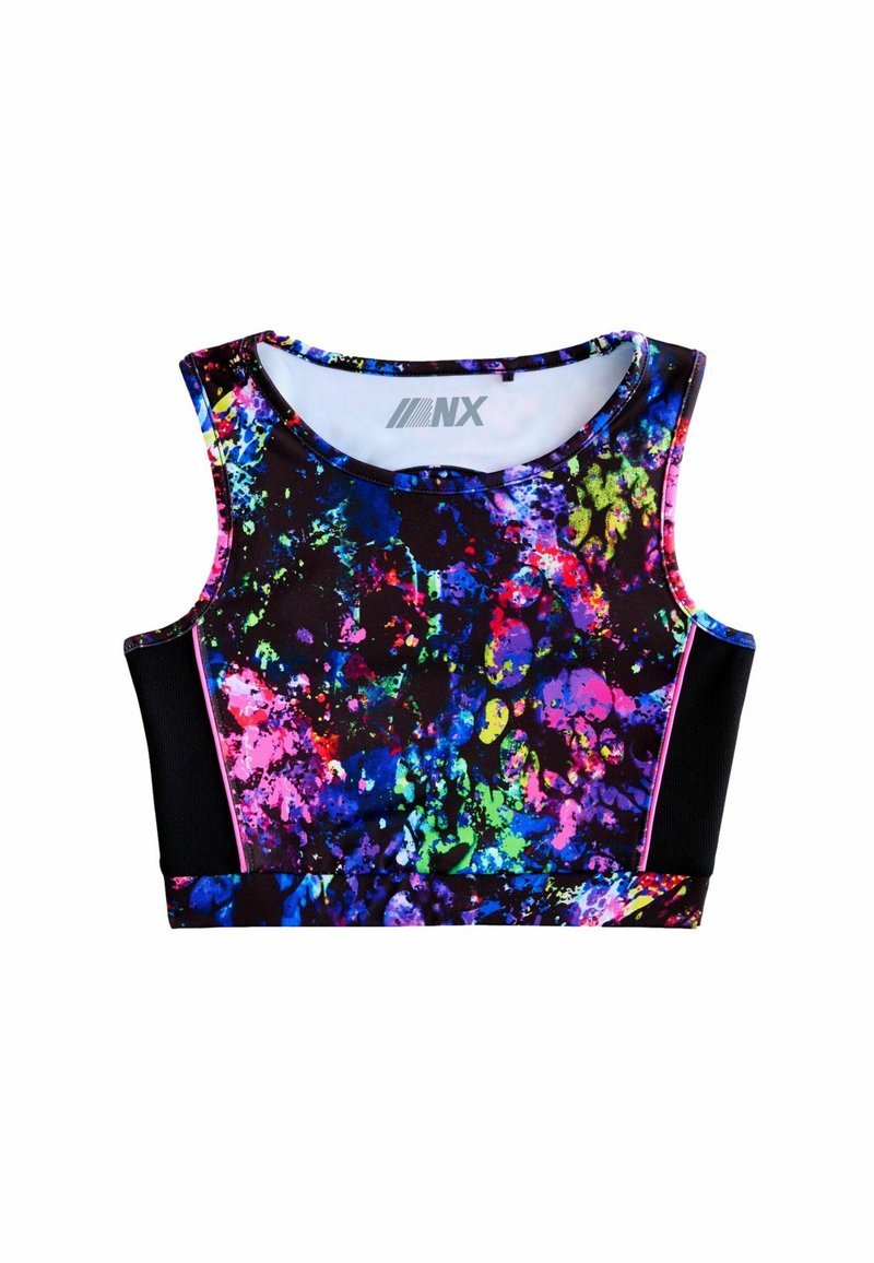 Kolorowy sportowy top typu crop z czarną bazą i wzorami w jaskrawym różu, niebieskim, zielonym oraz żółtym. Wykonany z elastycznego materiału.