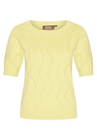 Hellgelbes kurzärmliges Sweatshirt mit einem geriffelten Halsausschnitt, strukturiertem Wellenmuster und kleinen erhabenen Punkten im gesamten Stoff.