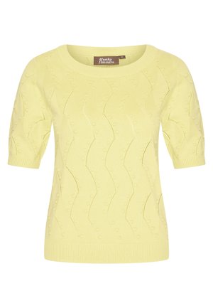 Hellgelbes kurzärmliges Sweatshirt mit einem geriffelten Halsausschnitt, strukturiertem Wellenmuster und kleinen erhabenen Punkten im gesamten Stoff.