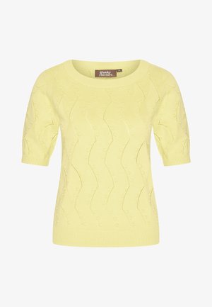 Light yellow short-sleeve sweater with a ribbed neckline, textured wave pattern, and small raised dots throughout the fabric.
