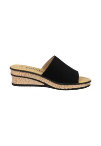 Sandalo con zeppa nera in suede, con punta aperta, piattaforma in leggero brown texturizzato con design a motivo, e una soletta beige liscia.