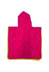 Poncho in pile di un brillante colore rosa con un motivo a zigzag; presenta un cappuccio e un bordo verde a contrasto lungo i bordi. Tessuto morbido.